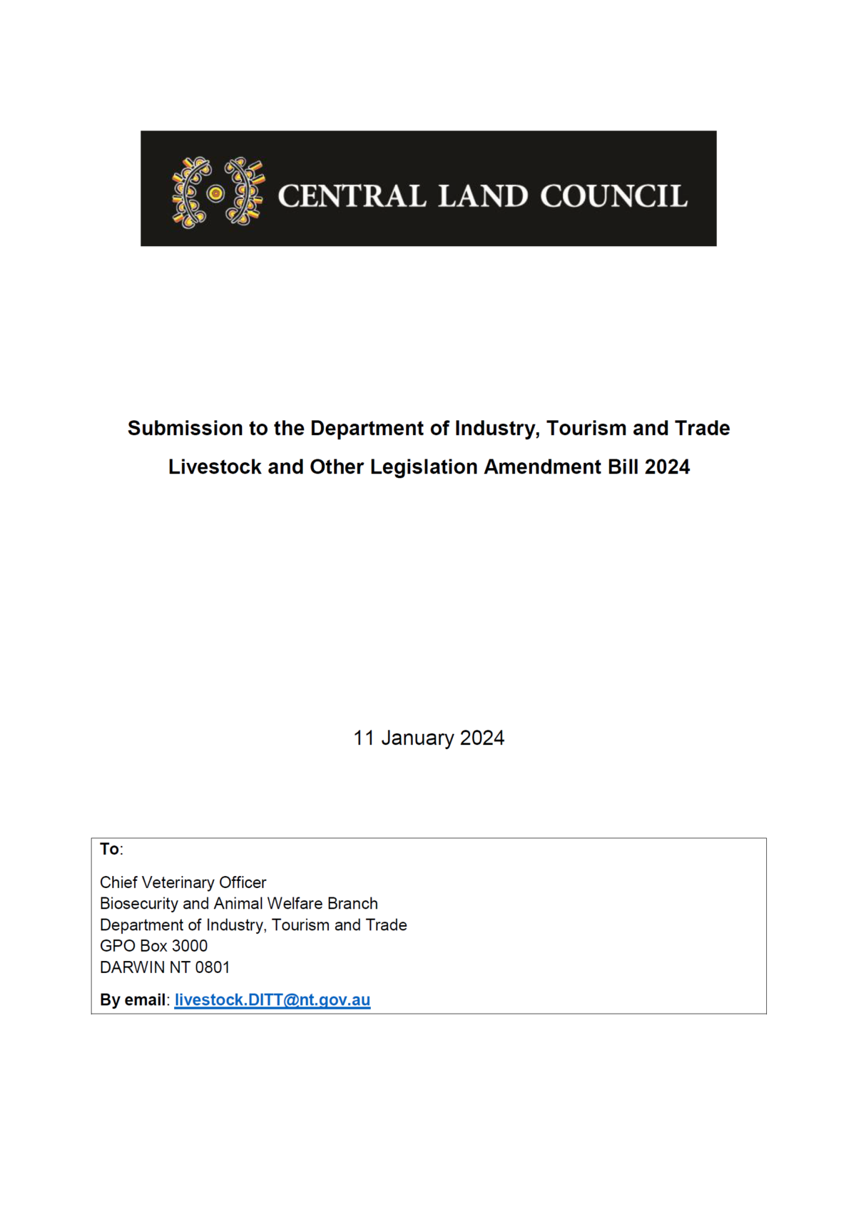 Submission to the Department of Industry, Tourism and Trade Livestock and Other Legislation Amendment Bill 2024